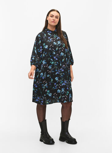 Skjortekjole med 3/4-ermer og blomstertrykk, Blue Flower AOP, Model image number 2