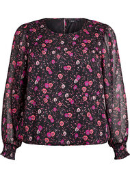 Blomstret chiffongbluse med gjennomsiktige ermer, Svart