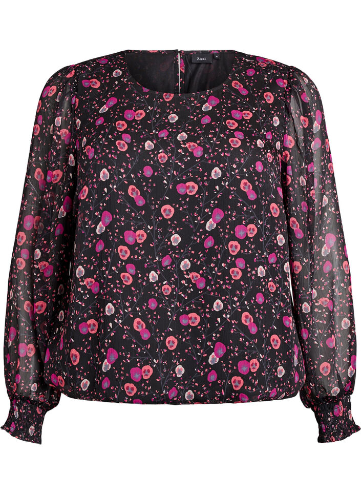 Blomstret chiffongbluse med gjennomsiktige ermer, Svart, Packshot image number 0
