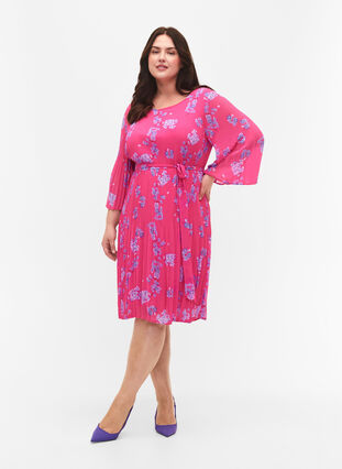 Mønstrete plissékjole med knyting, Beetroot Purple AOP, Model image number 2