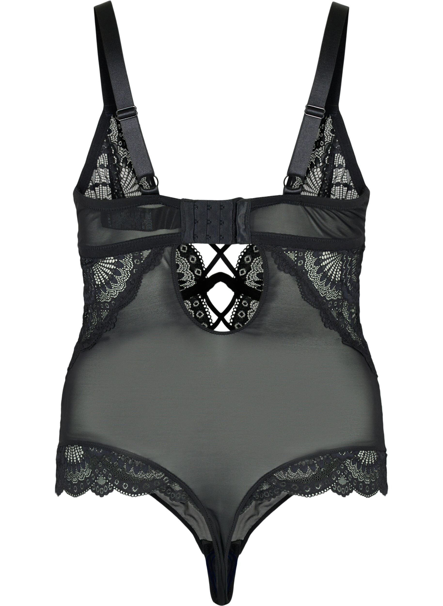 Zizzi Bodystocking med blonder og snorer, Svart, Packshot image number 1