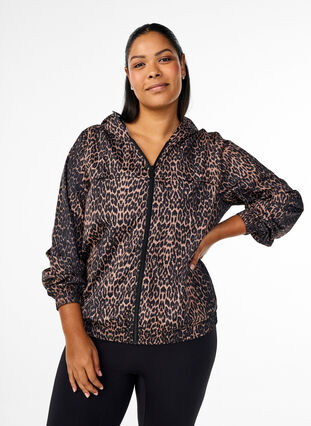 Zizzi Sportsjakke med leopardmønster og hette, Brun, Model image number 0