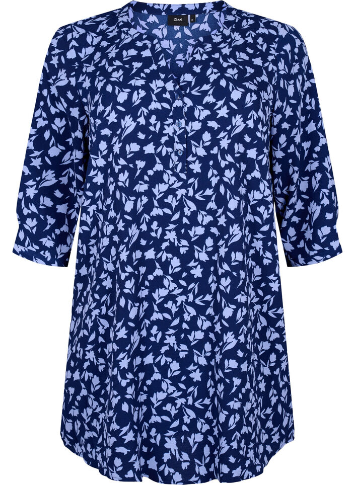 Blomstret tunika med 3/4 ermer, M. Blue Flower AOP, Packshot image number 0