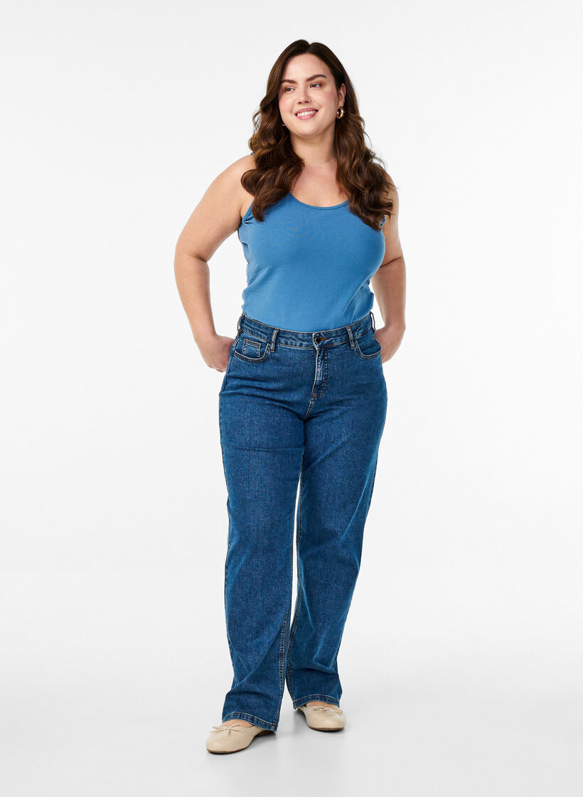 Ensfarget basic topp i bomull, Blå, Model image number 1