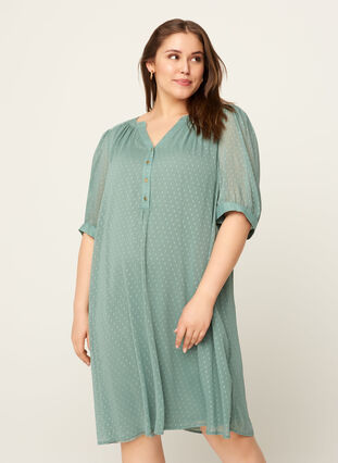 Kjole med korte ermer og knapper, Chinois Green, Model image number 0