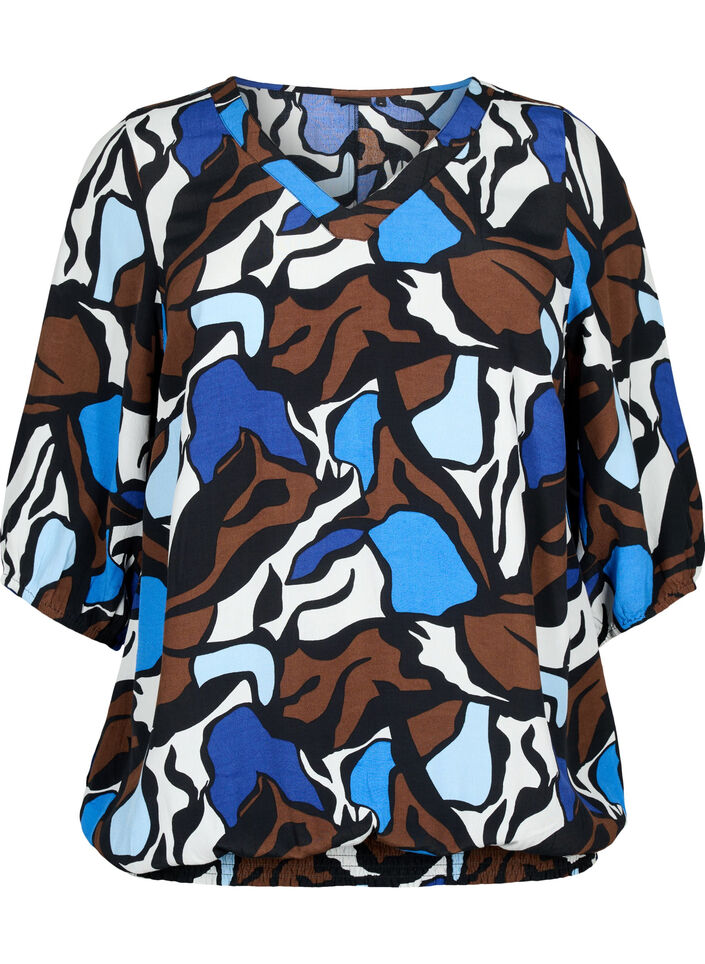 Viskose bluse med print og smock, Zafia AOP, Packshot image number 0