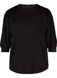 Bluse med 3/4-ermer og plisséfolder, Black