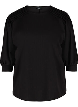 Bluse med 3/4-ermer og plisséfolder, Black, Packshot image number 0