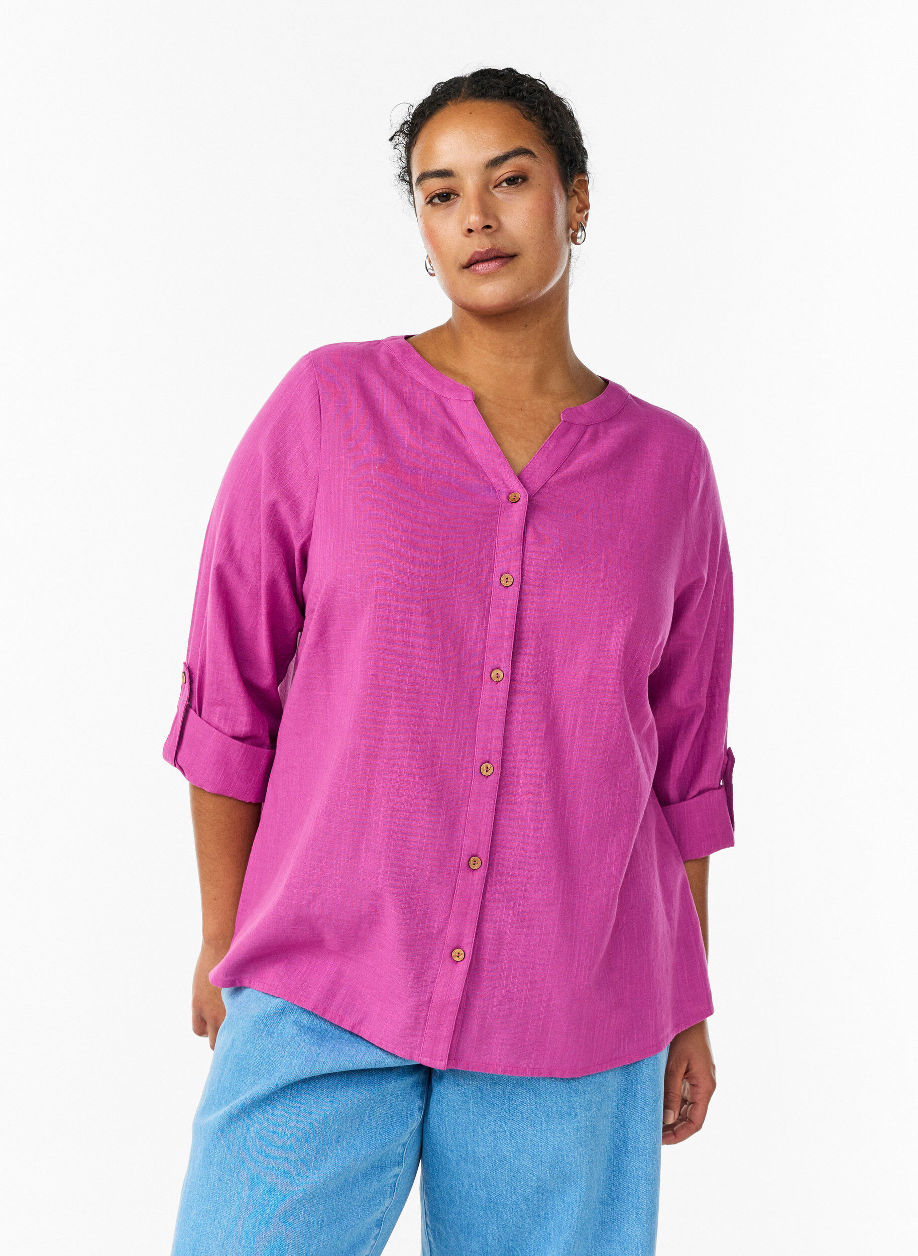 Bluse i bomull med V-hals, Rosa, Model
