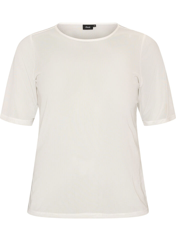 Mesh topp med korte ermer og rund hals, Vanilje, Packshot image number 0