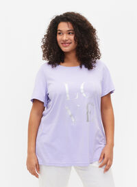 Kortermet T-skjorte i bomull med trykk, Lavender W. Love, Model