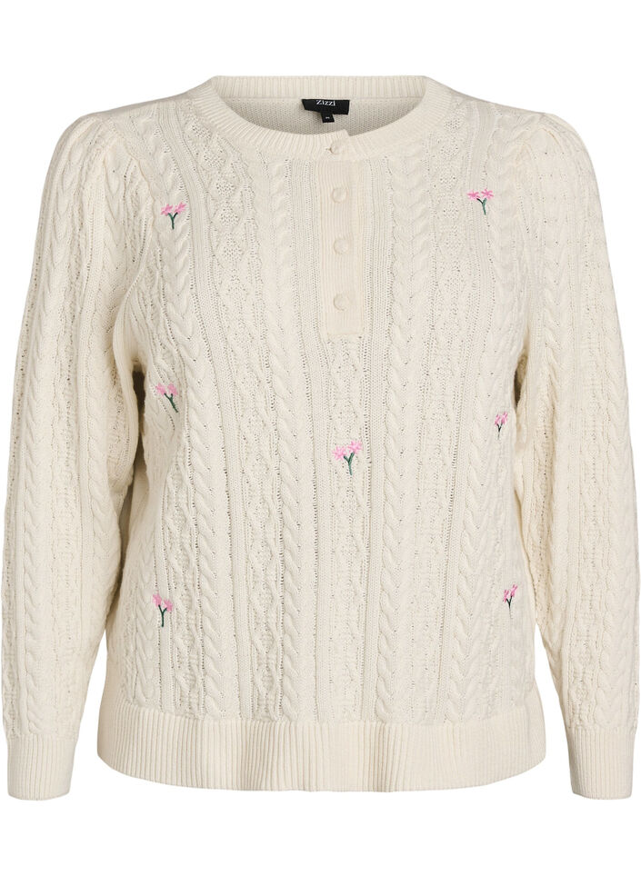 Strikkebluse med flettem&oslash;nster og broderte blomster, Hvit, Packshot image number 0