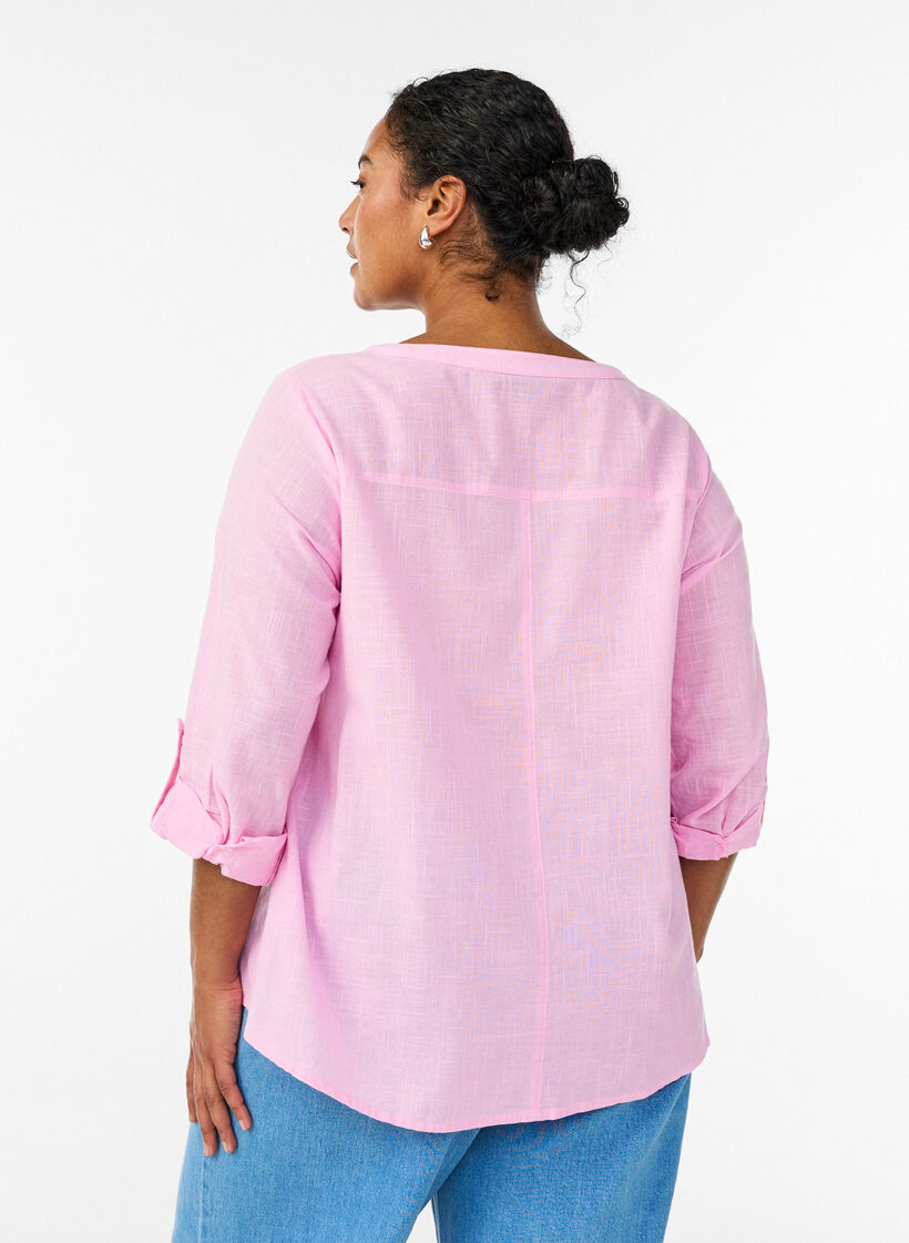 Bluse i bomull med V-hals, Rosa, Model image number 2
