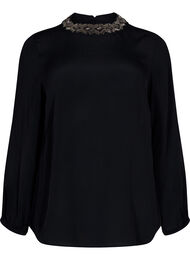 Langermet bluse i viskose med perler, Black