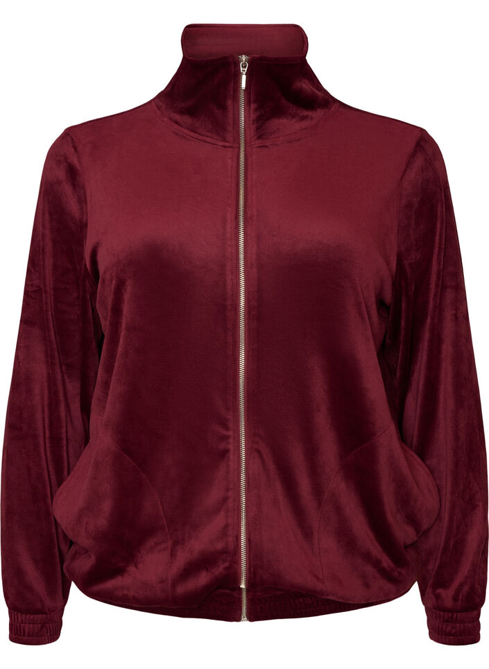 Myk velourcardigan med glidel&aring;s og h&oslash;y krage, R&oslash;d, Packshot image number 0