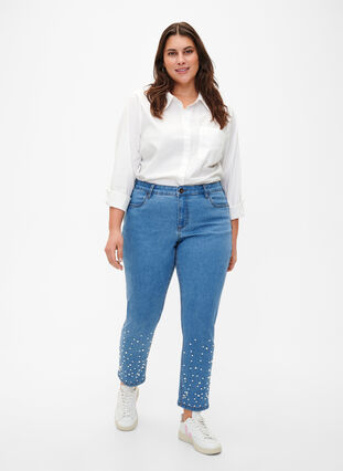 Smal passform Emily jeans med perler, Light Blue, Model image number 0