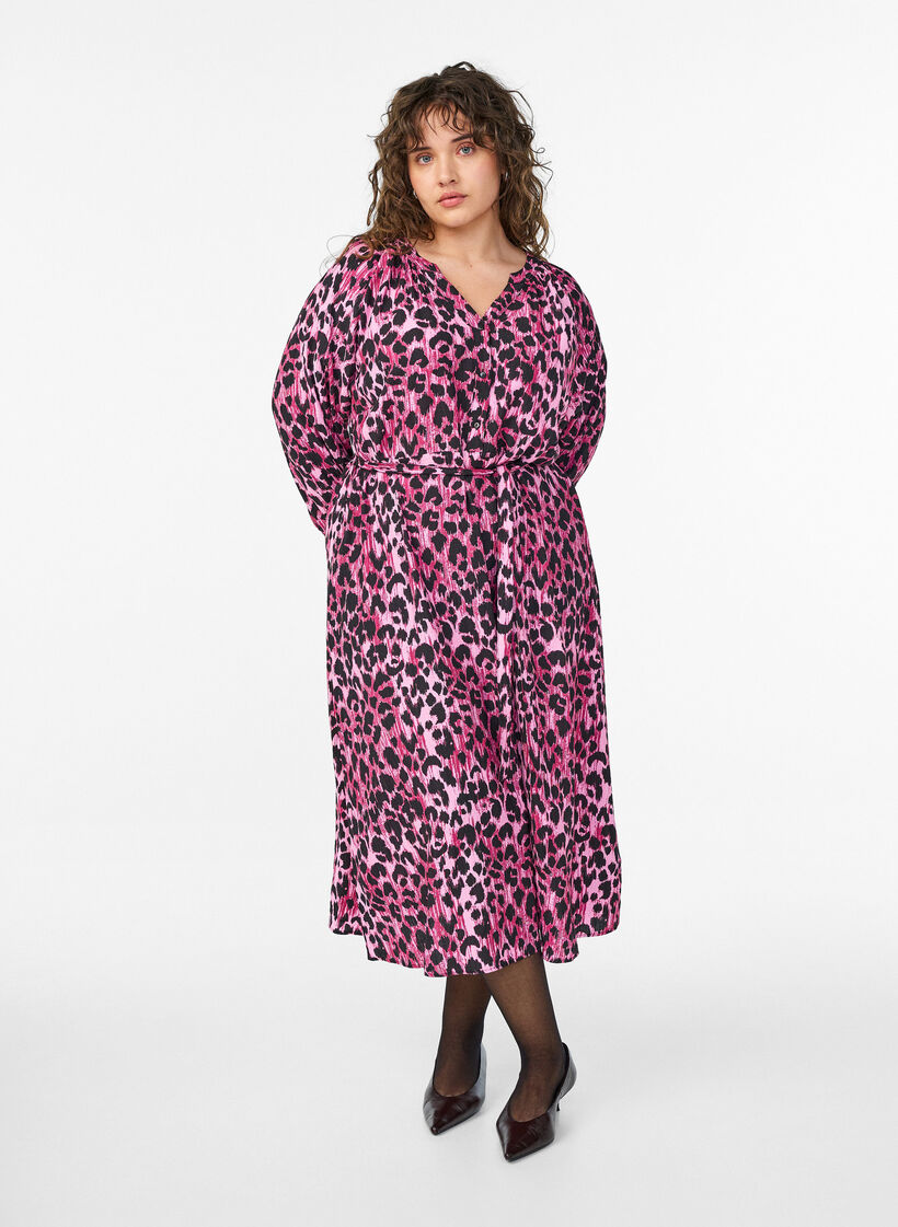 Midikjole med knappelukking og knytebelte, Rosa, Model image number 0