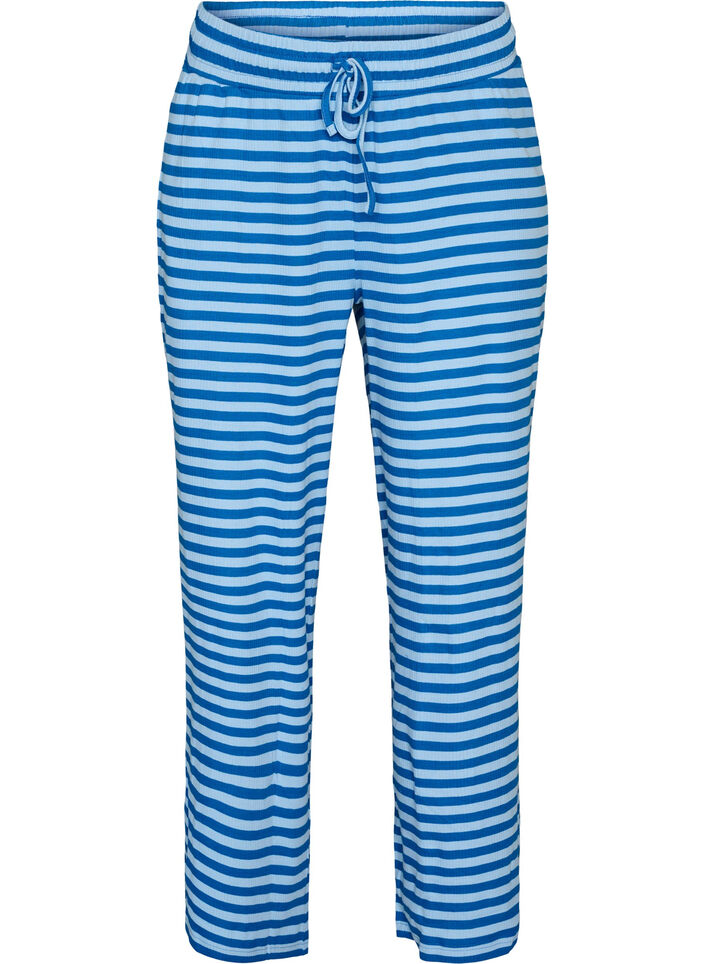 Stripete pyjamasbukser med h&oslash;y midje og vide ben, Bl&aring;, Packshot image number 0