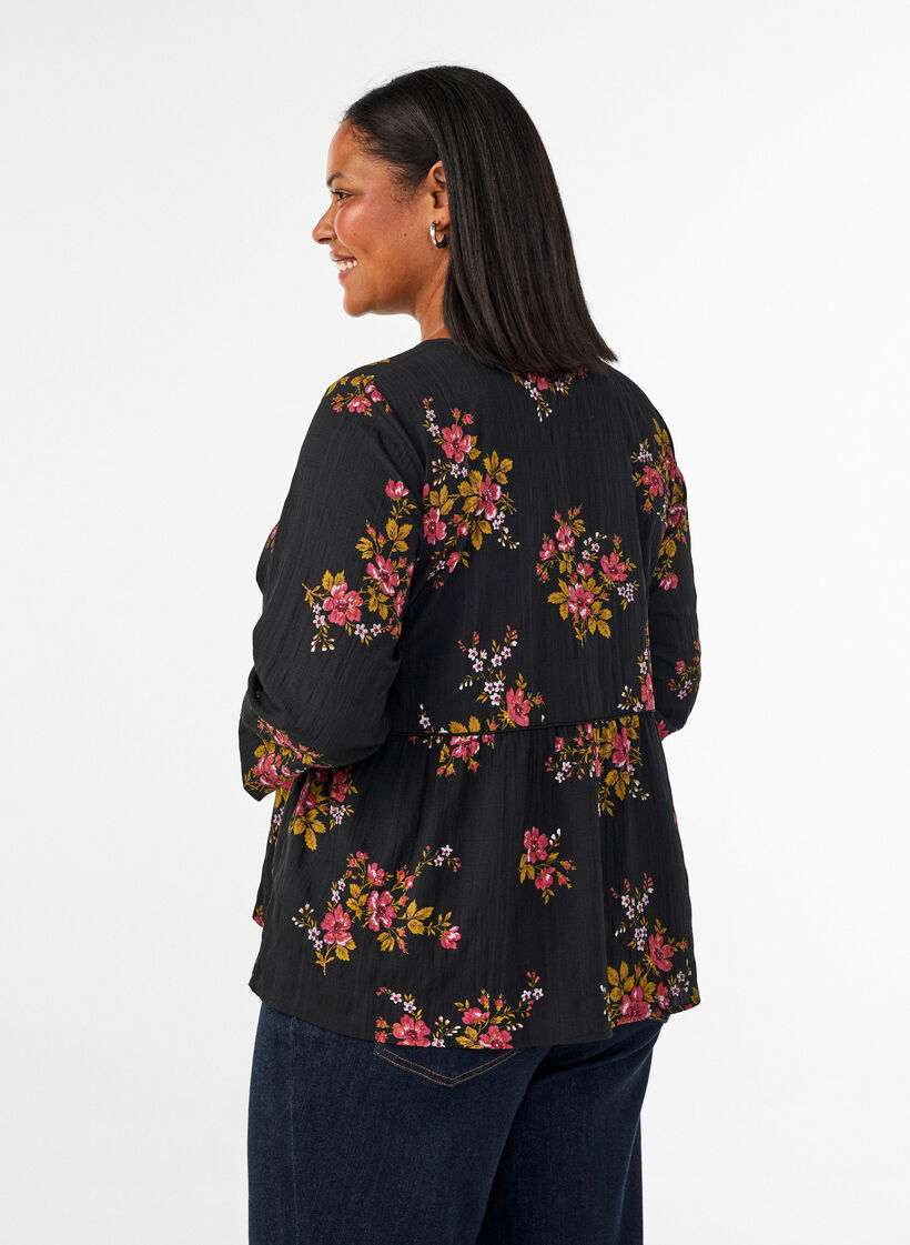 Langermet bluse med blomstertrykk, Svart, Model image number 2