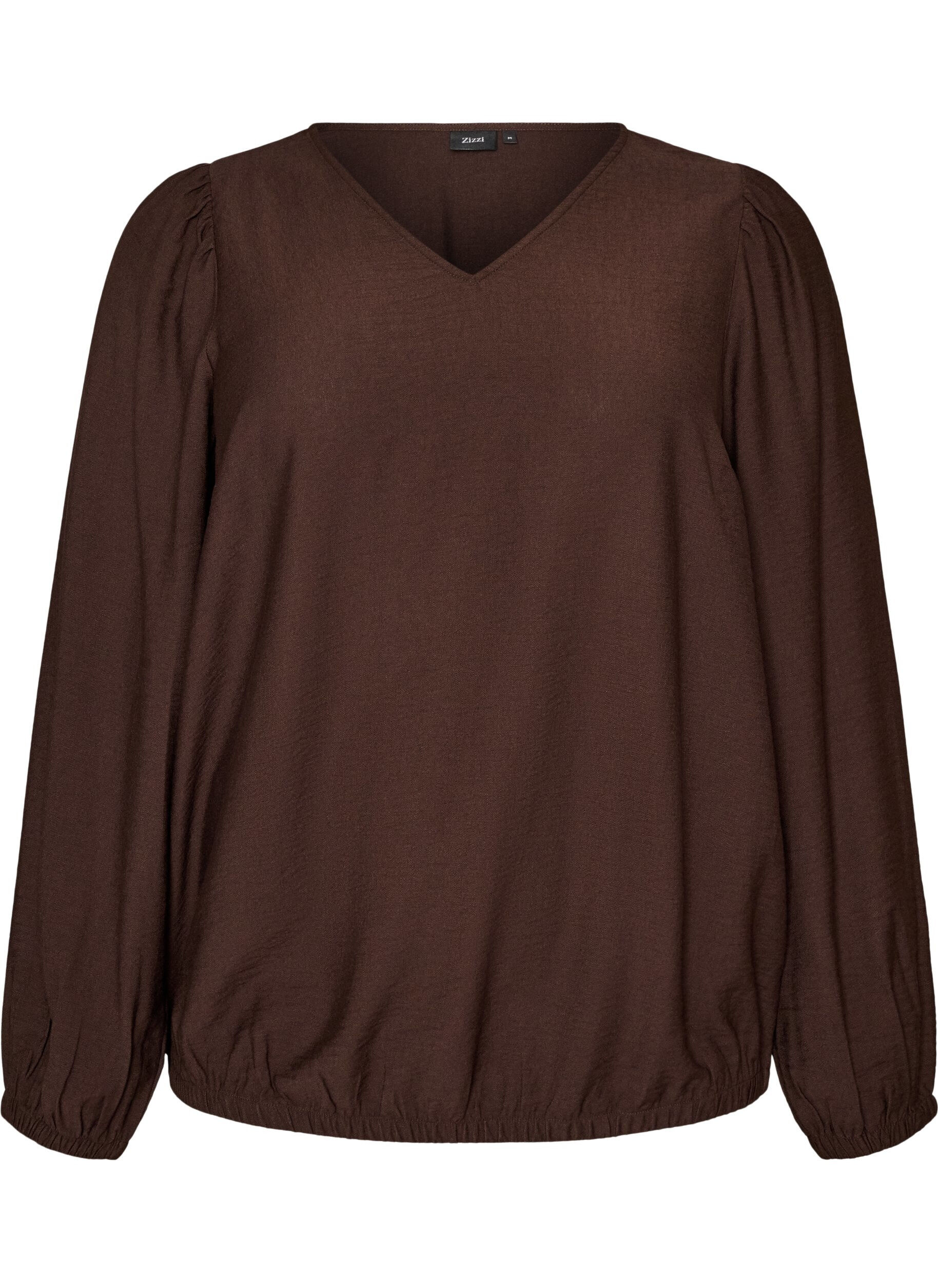 ZizziViskosebluse med V-hals og ballongsilhuett, Brun, Packshot image number 0