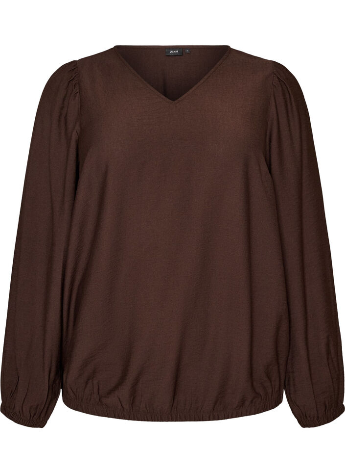 Viskosebluse med V-hals og ballongsilhuett, Brun, Packshot image number 0