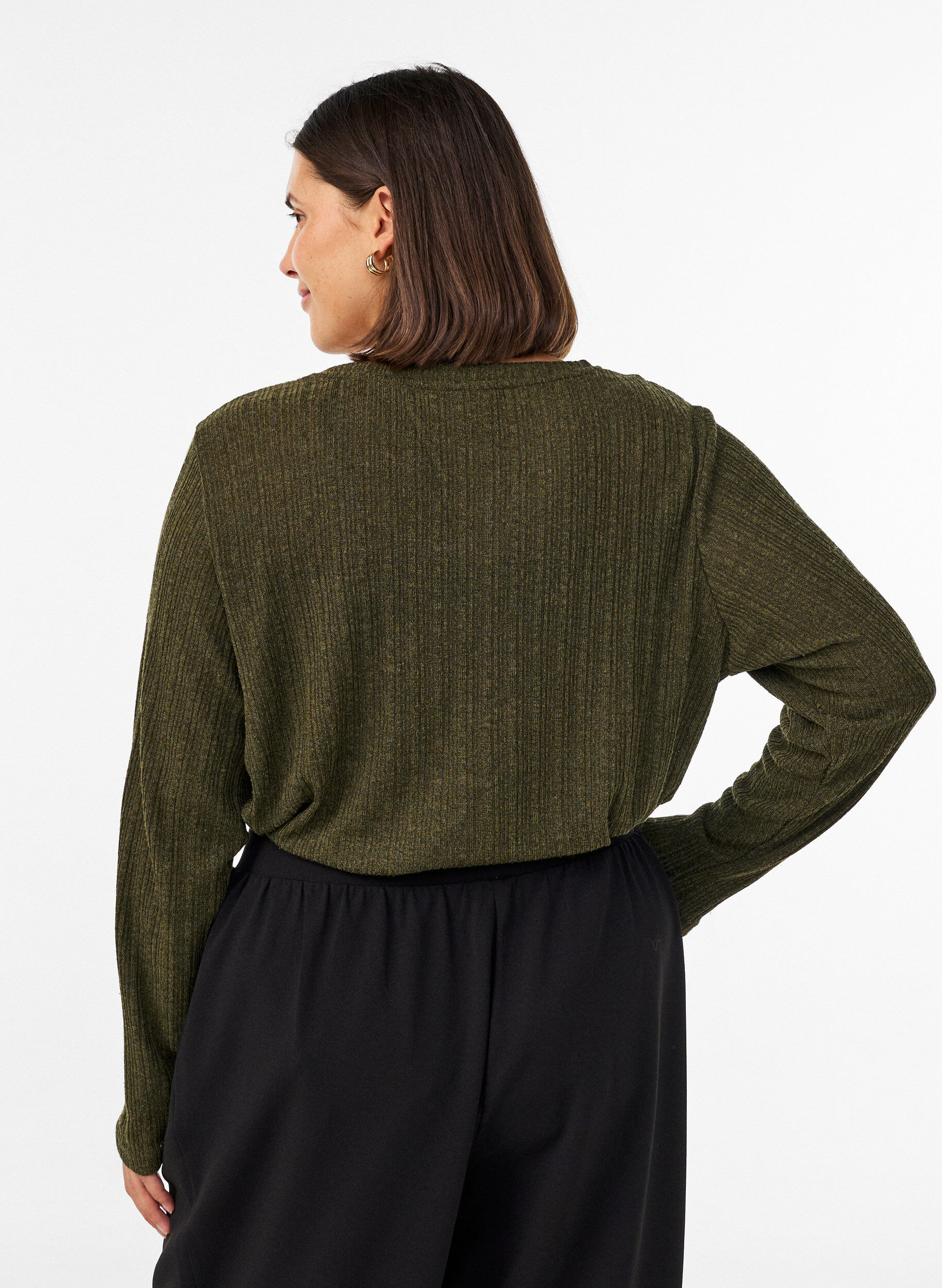 ZizziJerseybluse med ribbestruktur og lange ermer, Gr&oslash;nn, Model image number 2
