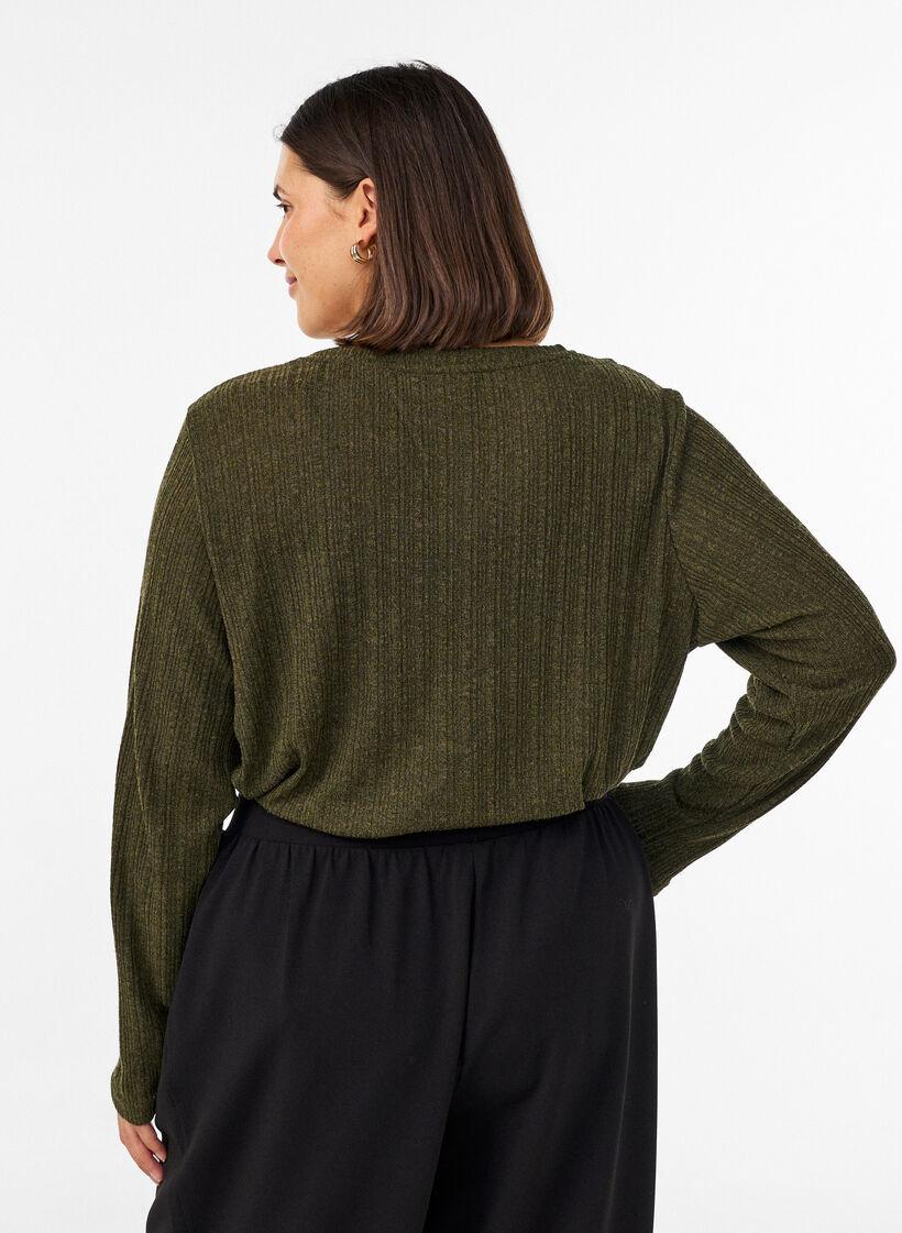 Jerseybluse med ribbestruktur og lange ermer, Gr&oslash;nn, Model image number 2