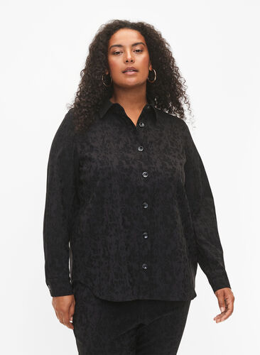Skjortejakke i viskose med tone-i-tone-mønster, Black, Model image number 0