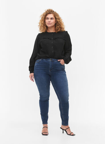Skjortebluse med volanger og folder, Black, Model image number 2