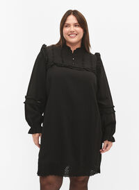 Viskosekjole med broderie Anglaise og volangdetaljer, Black, Model