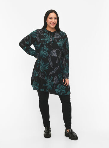 FLASH - Blomstret tunika med lange ermer, Black Scarab Flower, Model image number 2