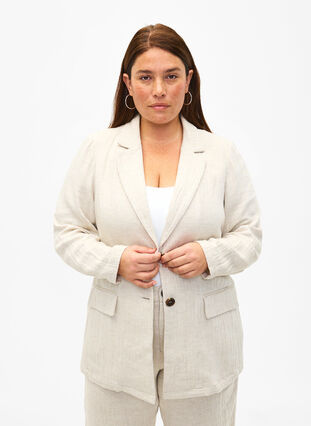 Zizzi Blazer i materialblanding med lin, Rainy Day, Model image number 0