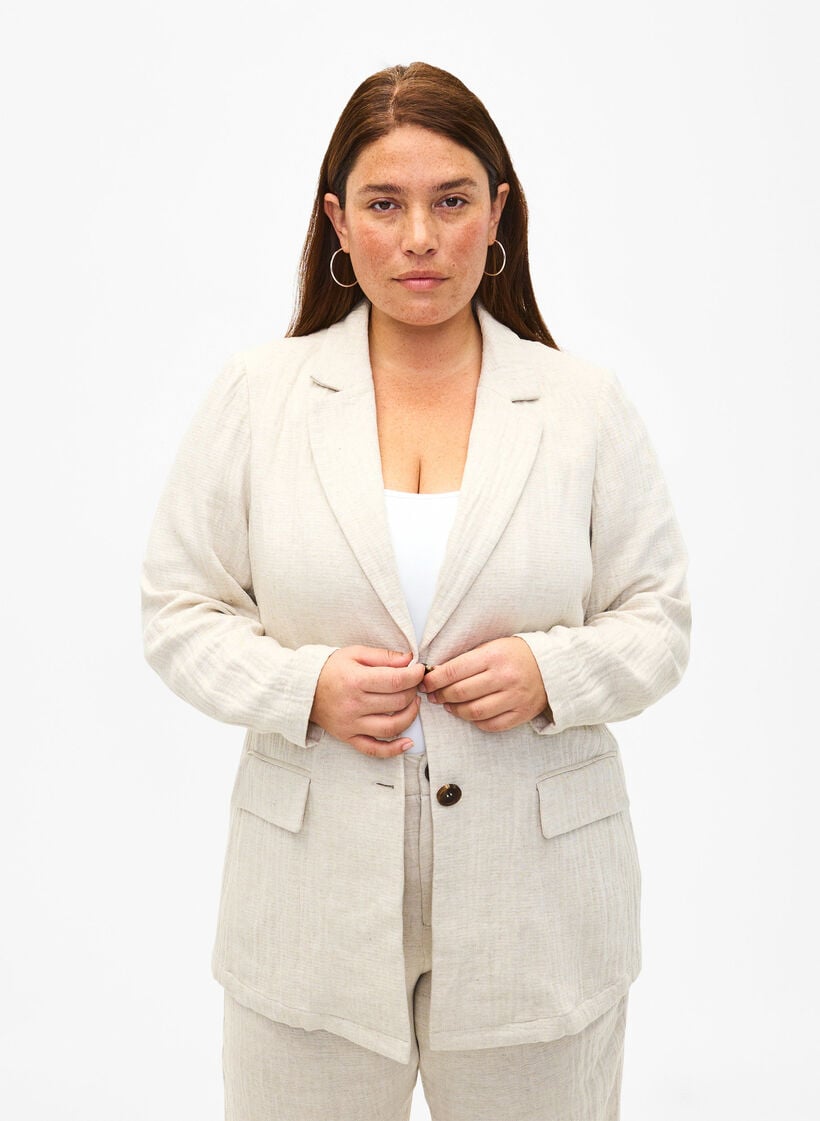 Blazer i materialblanding med lin, Rainy Day, Model image number 0