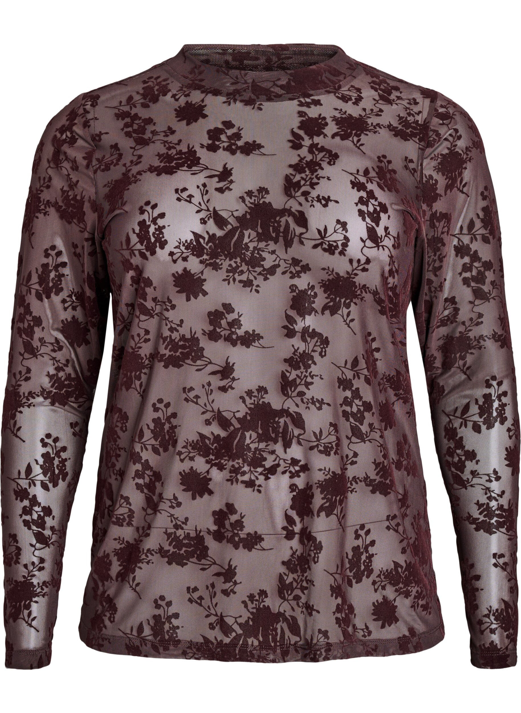Zizzi Bluse i mesh med blomster-m&oslash;nster, Brun, Packshot image number 0