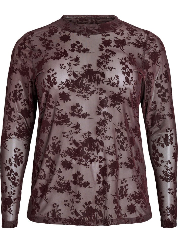 Bluse i mesh med blomster-mønster, Brun, Packshot image number 0