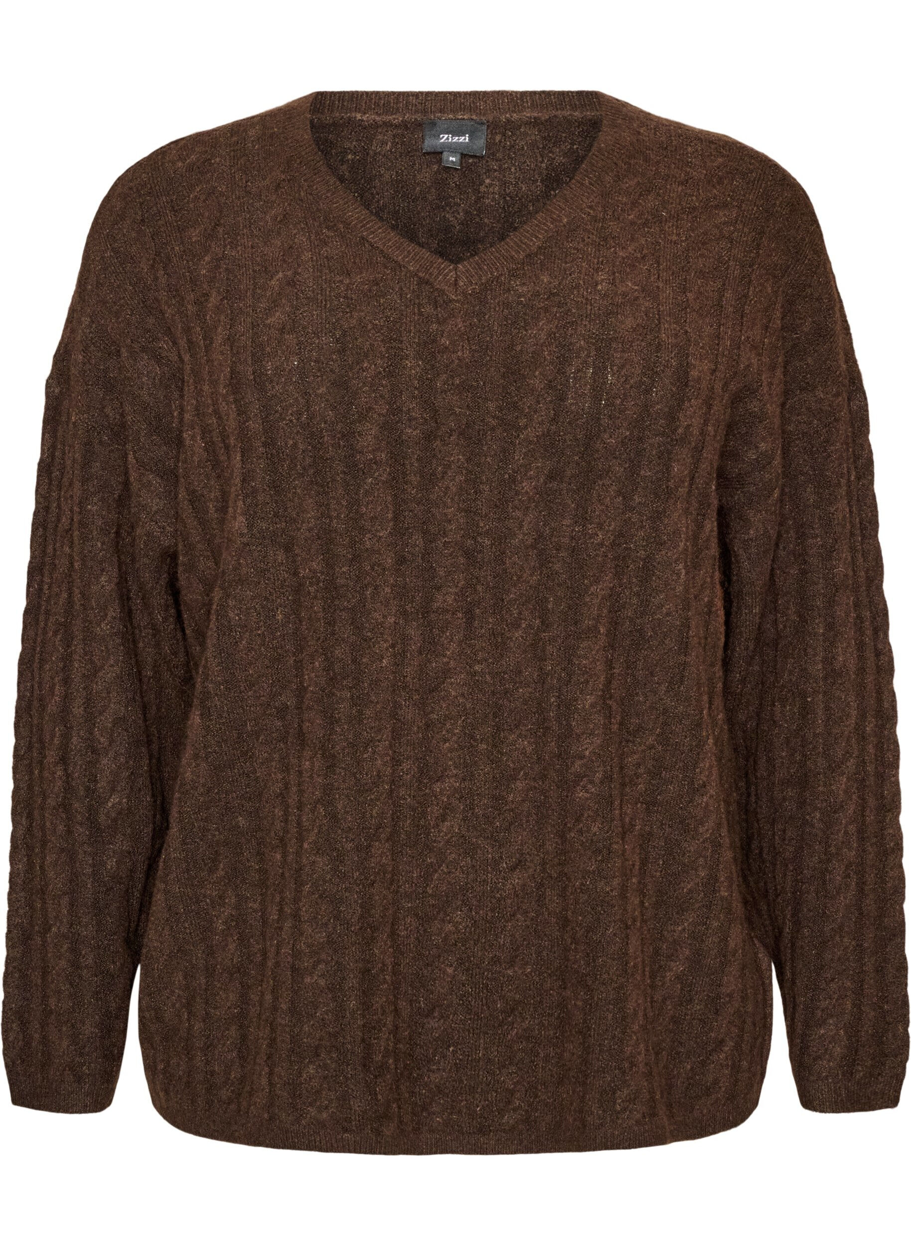 Strikket bluse med flettestrikk og V-hals