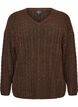 Strikket bluse med flettestrikk og V-hals, Brun, Packshot image number 0