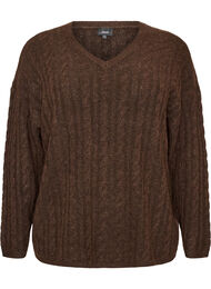 Strikket bluse med flettestrikk og V-hals, Brun