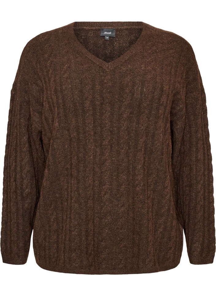 Strikket bluse med flettestrikk og V-hals, Brun, Packshot image number 0