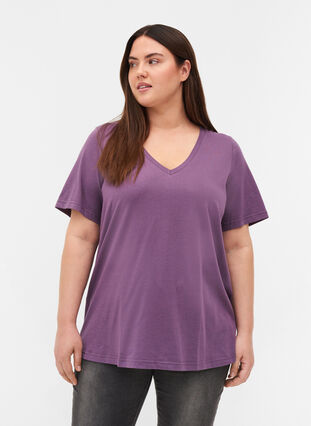 T-skjorte i organisk bomull med V-hals, Vintage Violet, Model image number 0