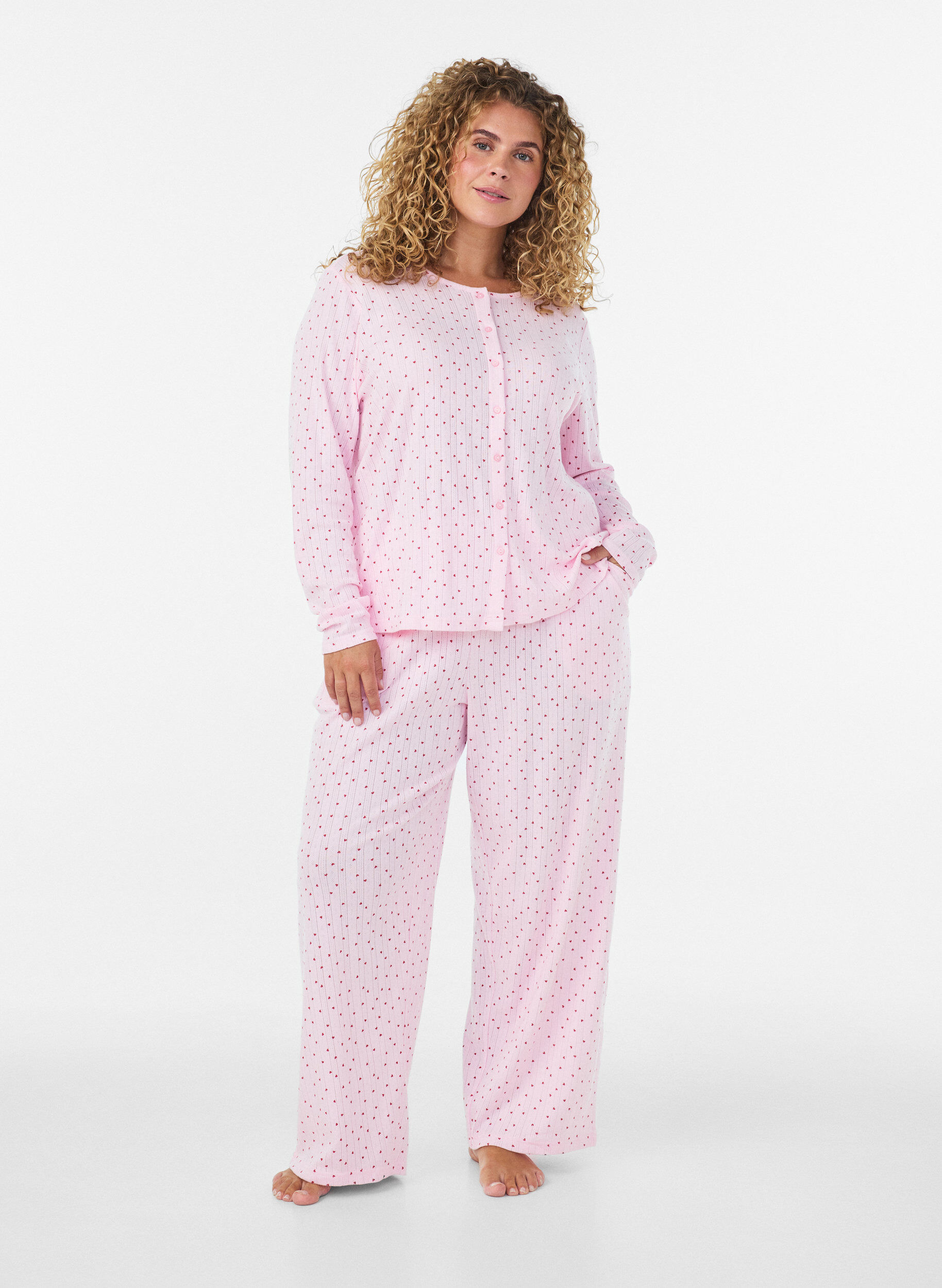 ZizziPyjamabukse i &oslash;kologisk bomull med hullbroderi, Rosa, Model image number 1