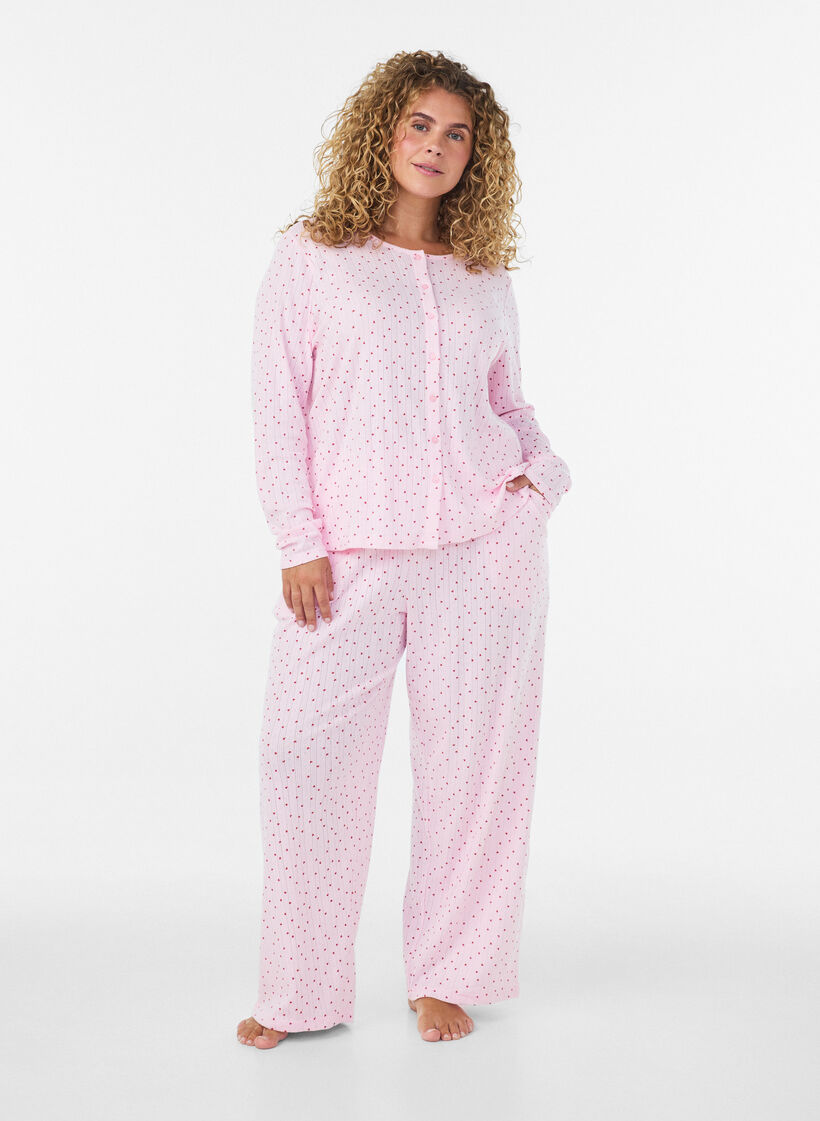 Pyjamabukse i &oslash;kologisk bomull med hullbroderi, Rosa, Model image number 1
