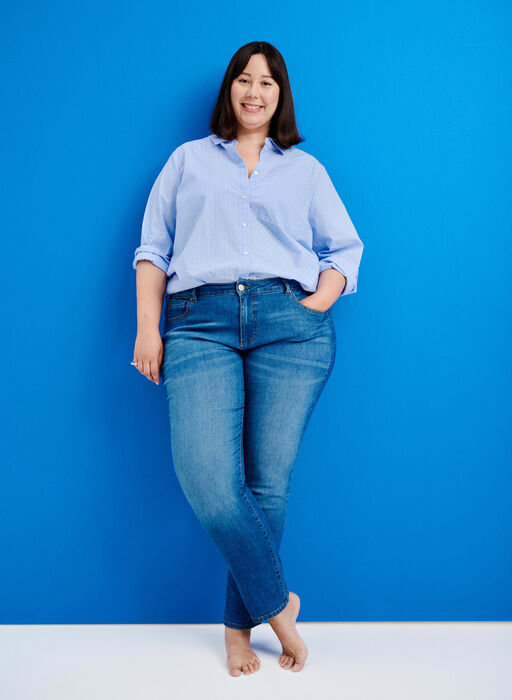 Emily jeans med vanlig liv og smal passform, Blue denim, Image image number 0
