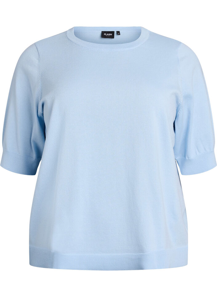 Finstrikket bluse med korte ermer, Bl&aring;, Packshot image number 0