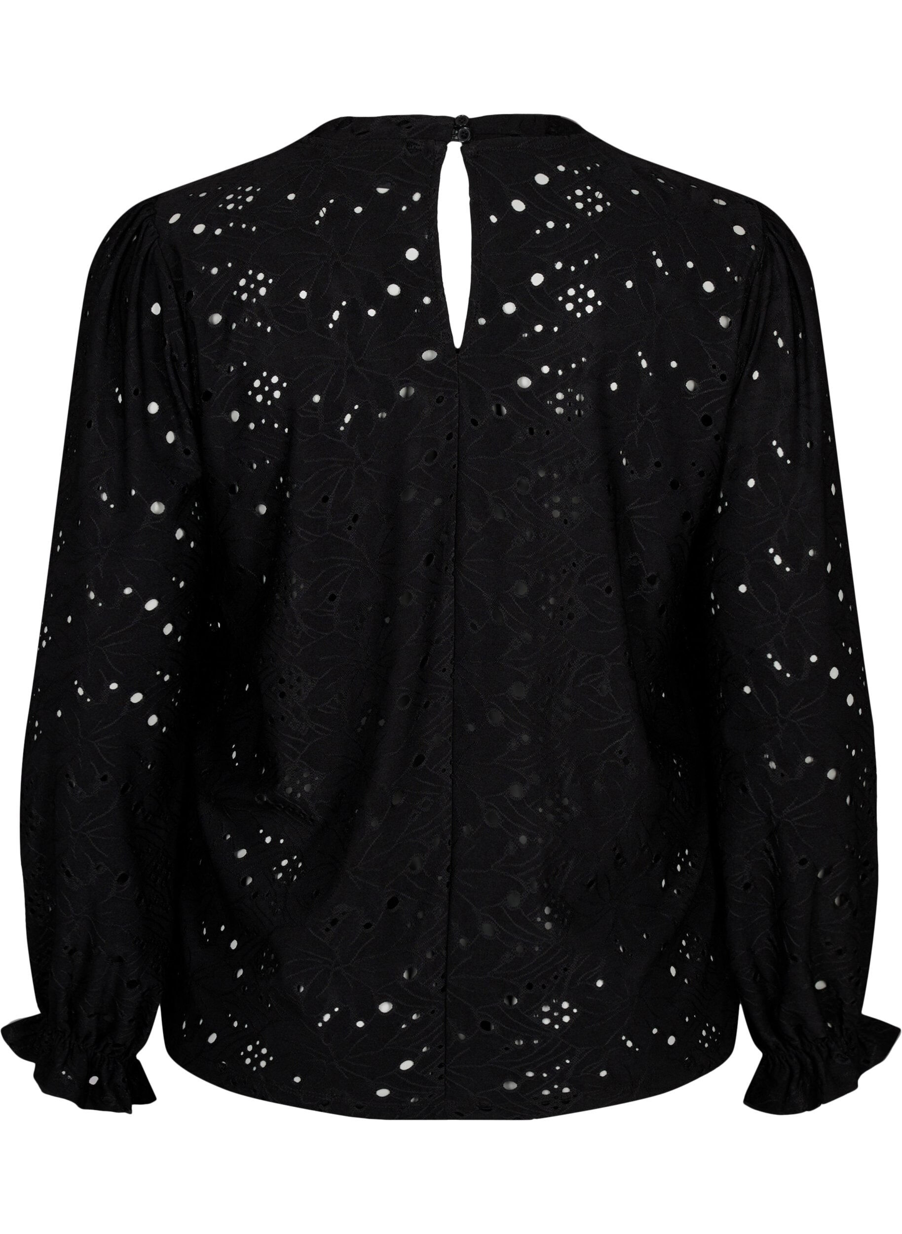 Zizzi Langermet bluse med hullm&oslash;nster, Black, Packshot image number 1
