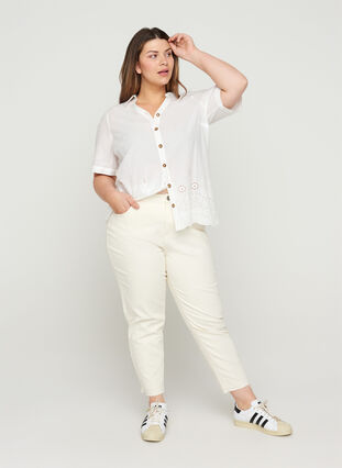 Cropped Mille mom jeans med rå kanter, Ecru, Model image number 0