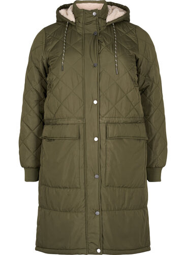 Quiltet jakke med hette og justerbar midje, Forest Night, Packshot image number 0