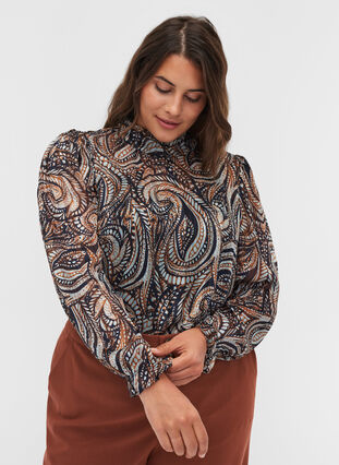 Langermet bluse med paisley-mønster, Black Paisley, Model image number 0