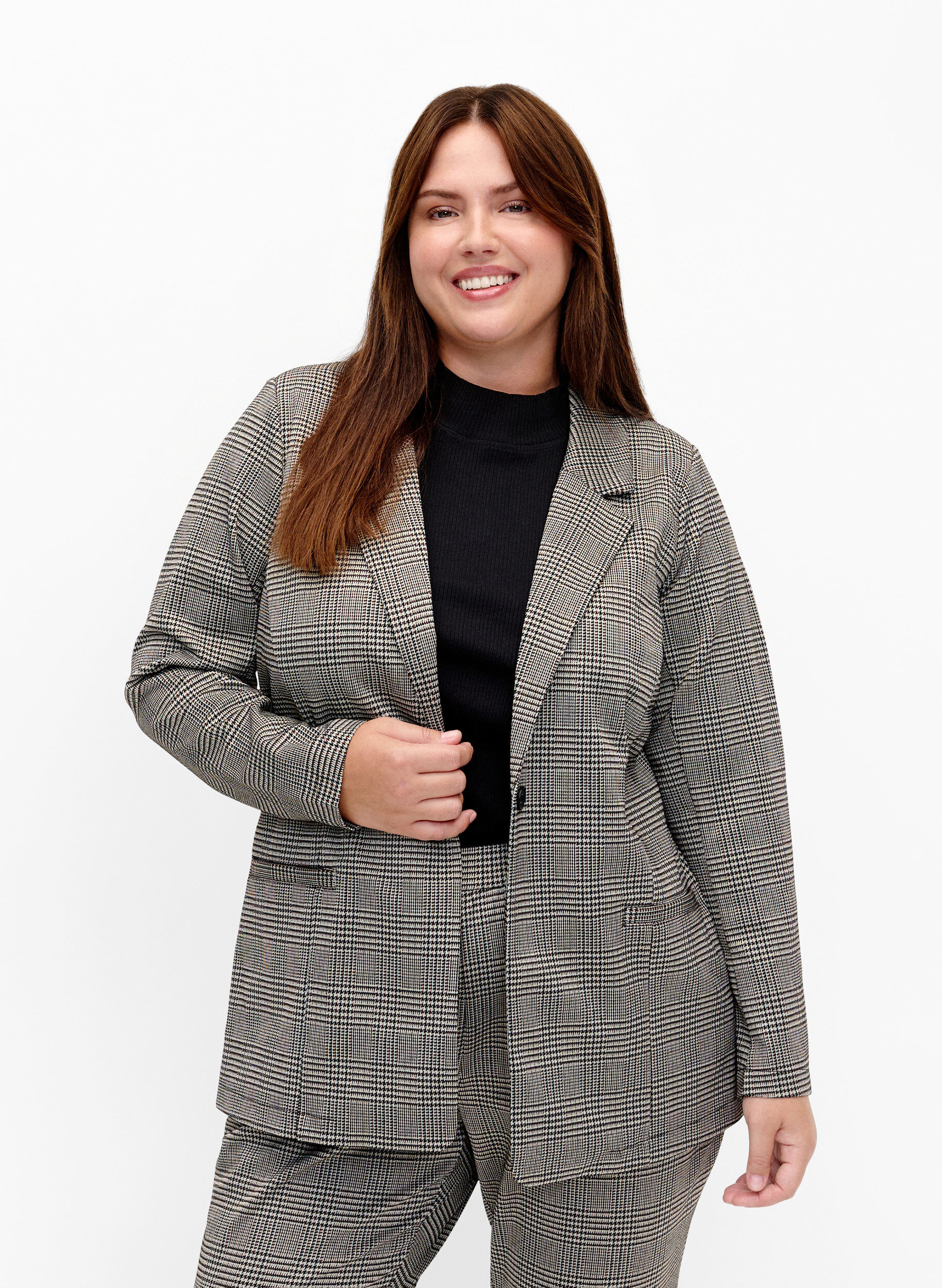 Zizzi Rutete blazer med knappelukking, Beige Brown Check, Model image number 0