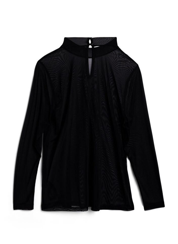 Tett sittende meshbluse med lange ermer, Black, Packshot
